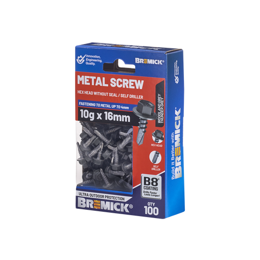 Bremick Metal Hex Screw - 10g x 16mm - 100 Pack