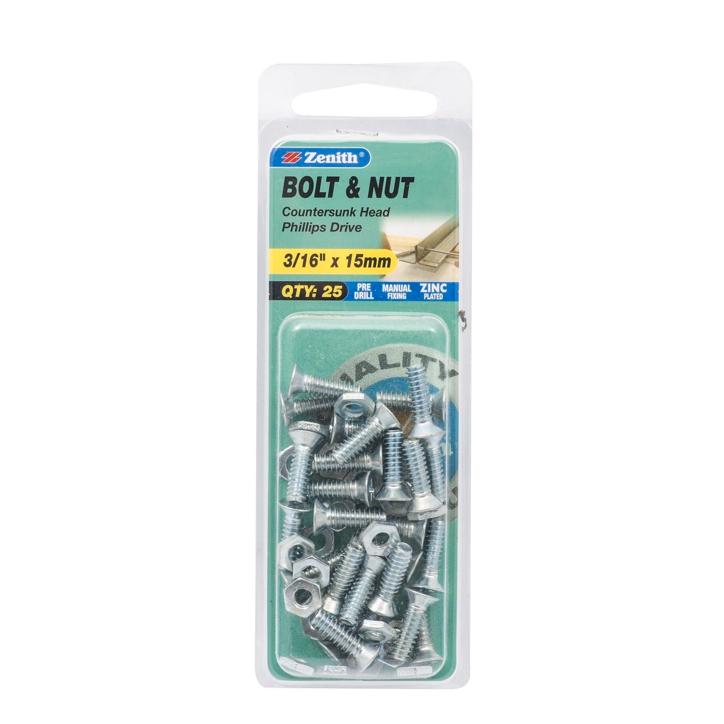 Zenith Countersunk Bolt & Nut - 3/16 x 15mm - 25 Pack