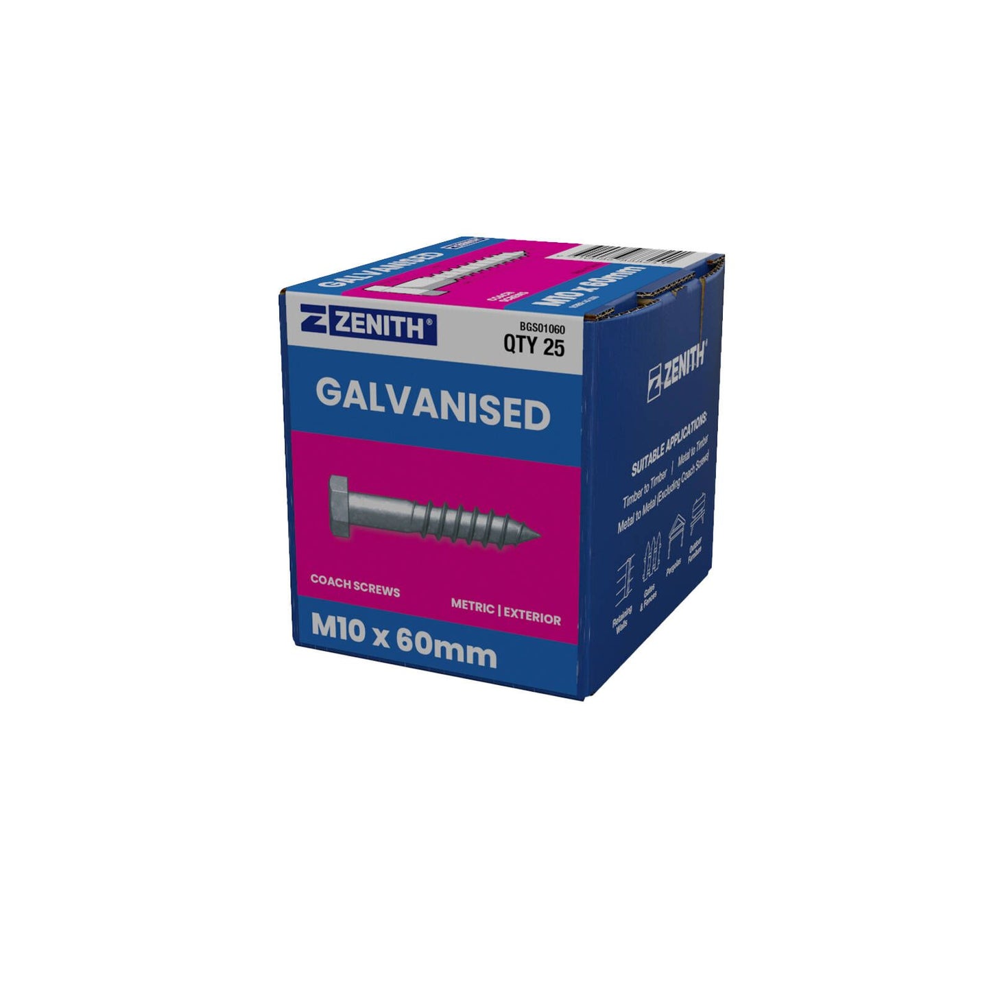 Zenith M10 Hex Head Coach Screws - 60mm - 25 Pack - Hot Dip Galvanised
