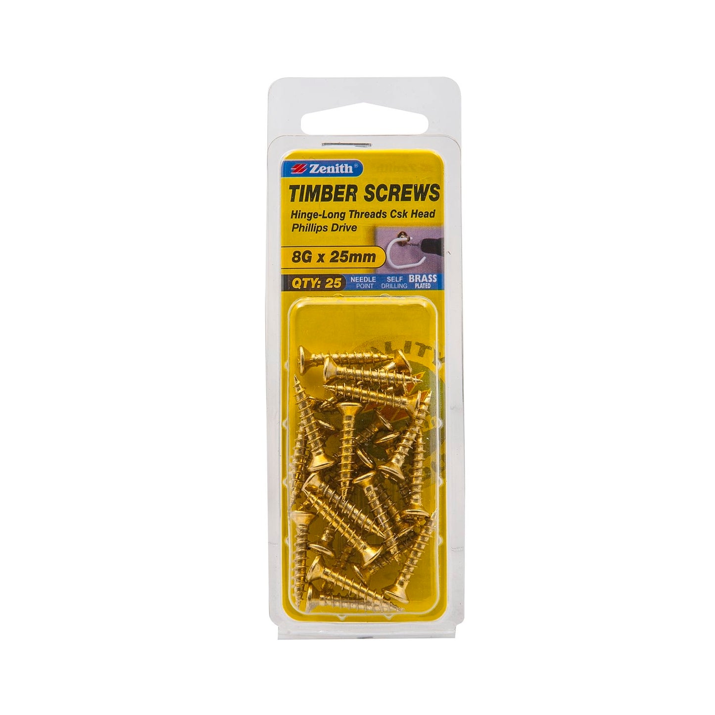 Zenith Timber Screws - 8g x 25mm - Brass - 25 Pack