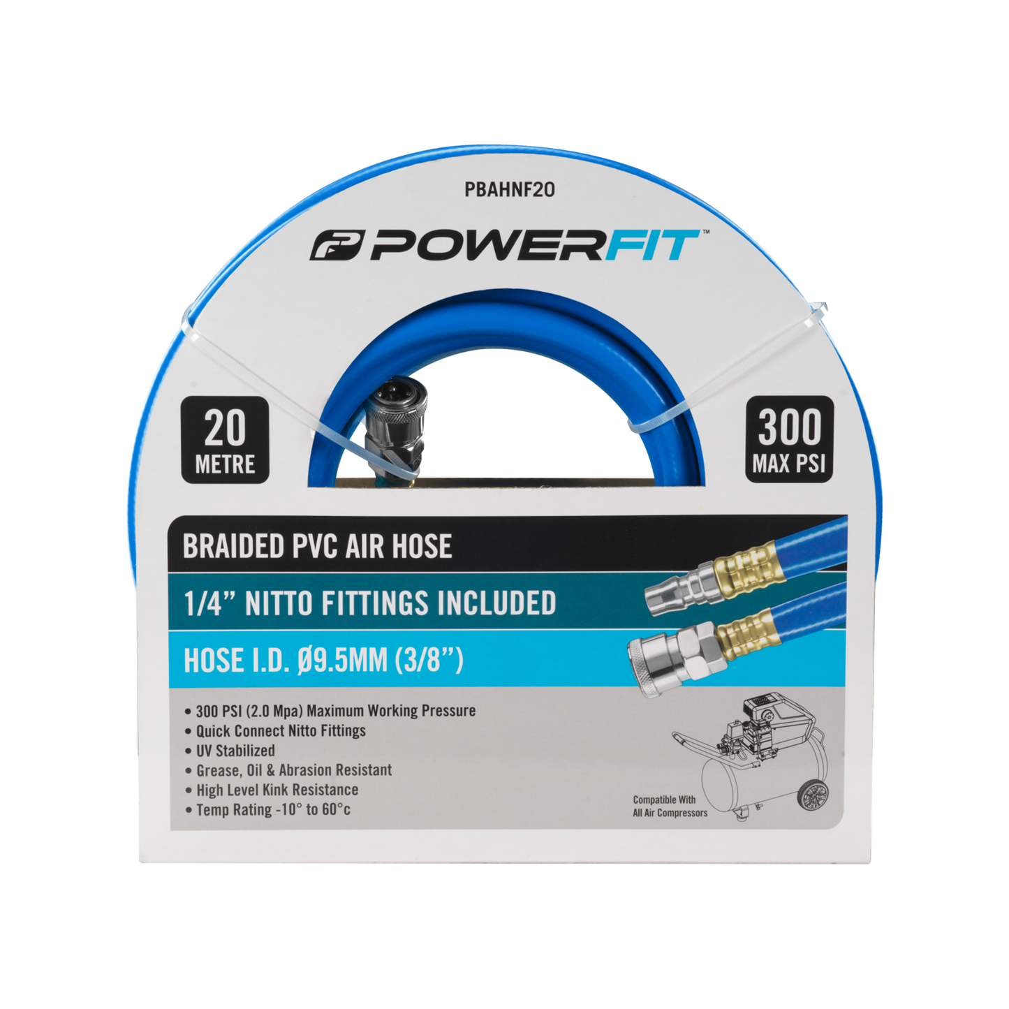 Powerfit Braided PVC Air Hose - 20m - 1/4" Nitto Fittings - 300 PSI
