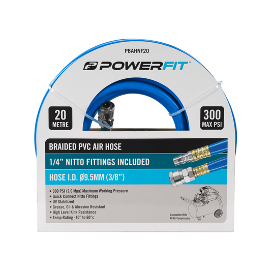 Powerfit Braided PVC Air Hose - 20m - 1/4" Nitto Fittings - 300 PSI