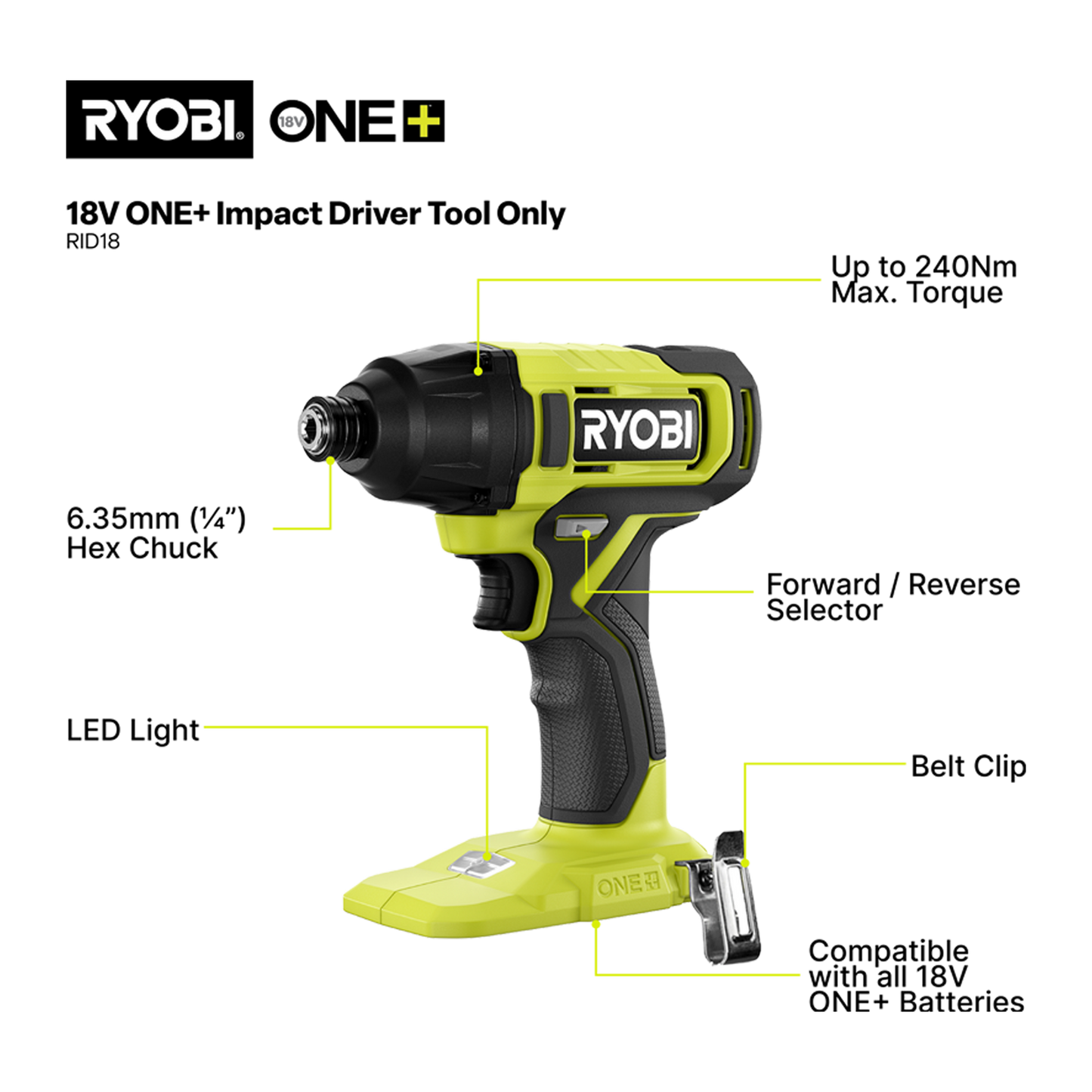 Ryobi Impact Driver - 18V ONE+ - 240Nm - Tool Only