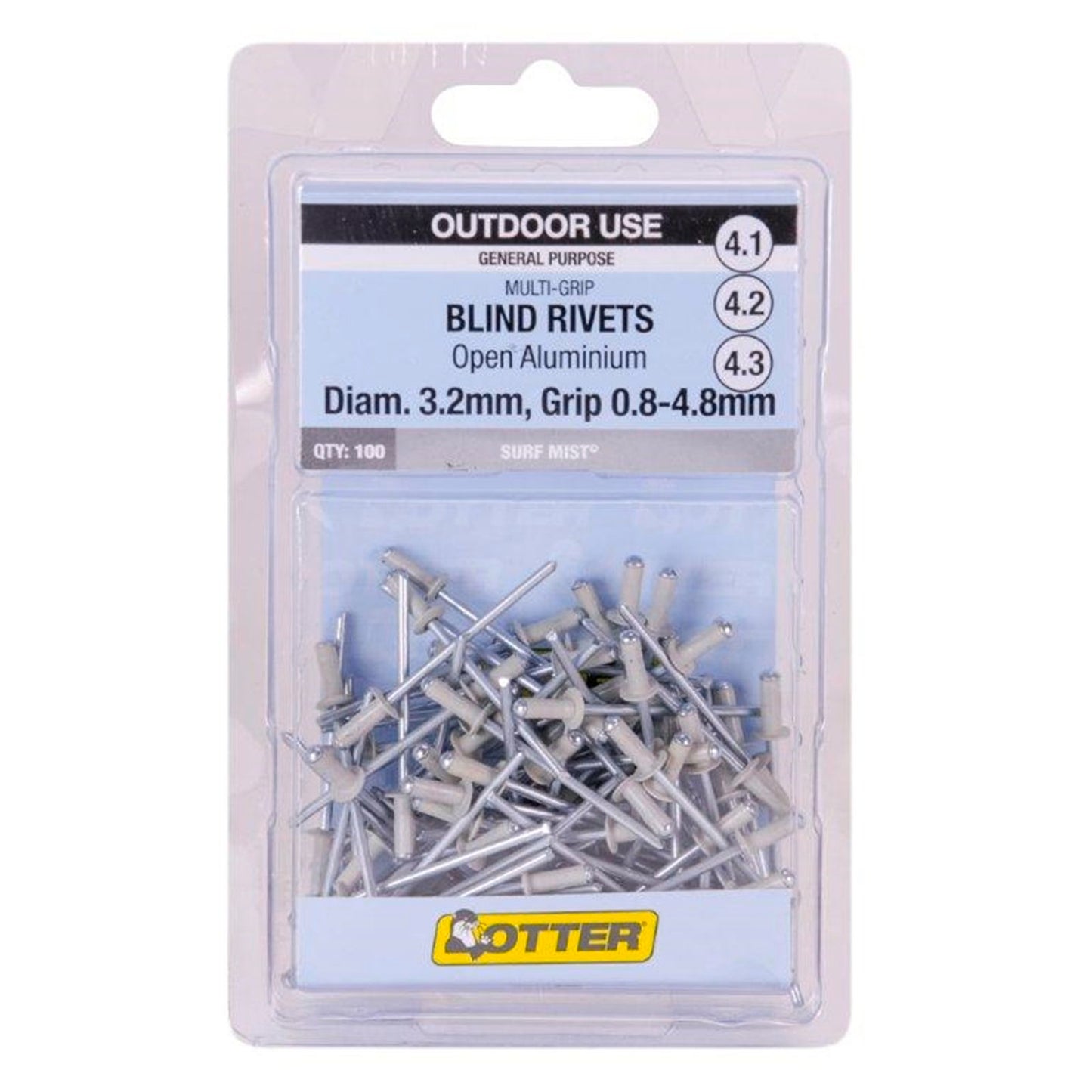 Otter Multi Grip Open Aluminium Blind Rivets - 3.2 x 0.8-4.8mm - 100 Pack - Surf Mist