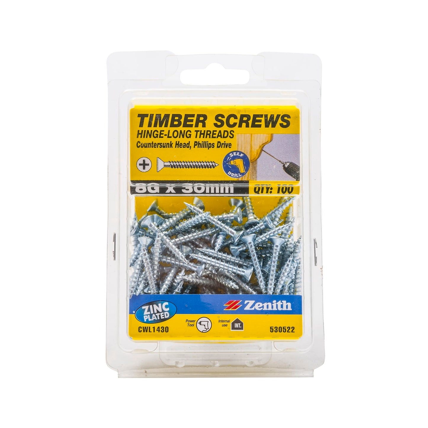 Zenith Hinge Long Thread Screw - 8g x 30mm - Zinc - 100 Pack