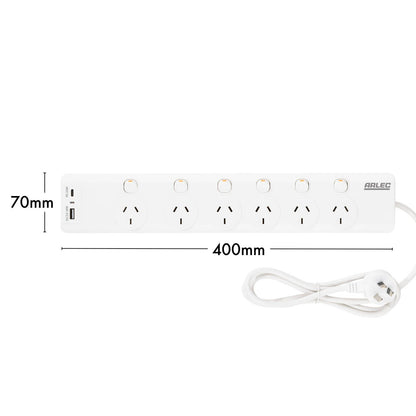 Arlec Surge Protected Powerboard - 6 Outlet - 1.8m - White