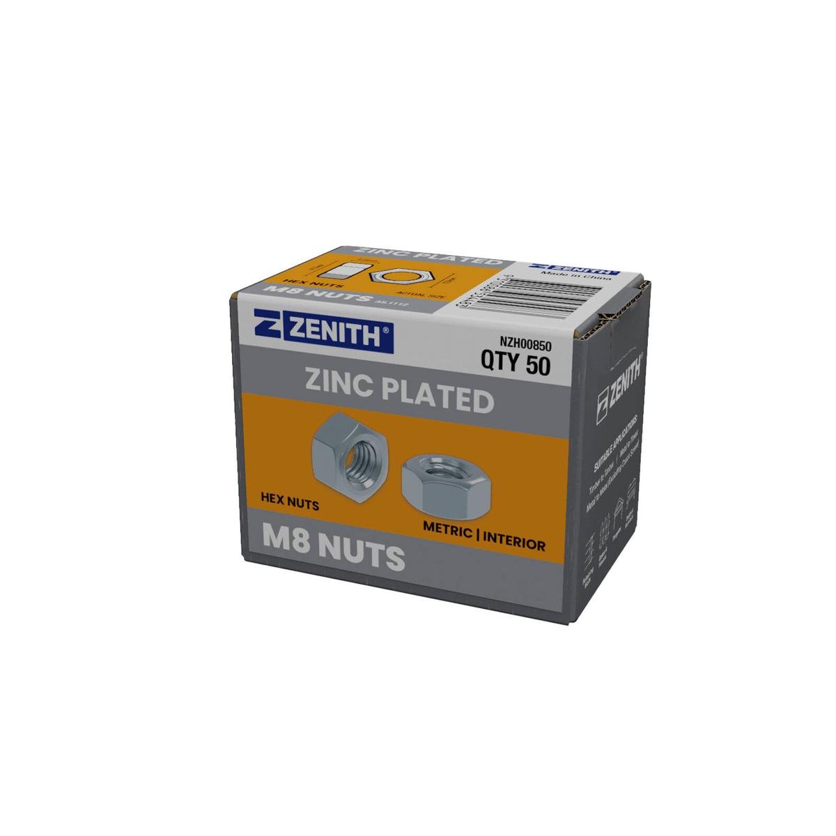 Zenith M8 Zinc Plated Hex Nuts 50 Pack - 14.7mm x 6.6mm - Coarse Thread