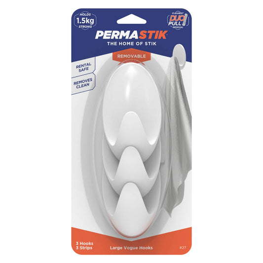 Permastik Large White Vogue Hooks Holds 1.5kg 3 Pack