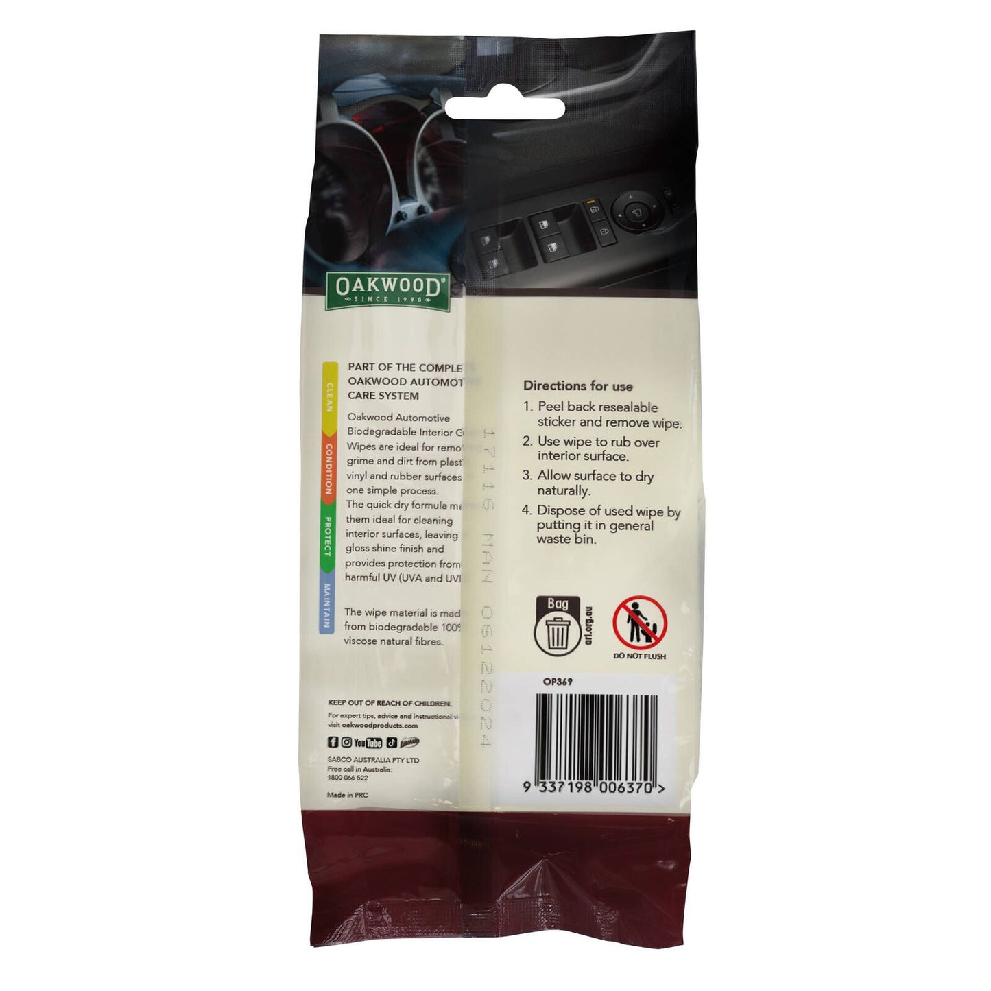 Oakwood Biodegradable Interior Gloss Wipe - 200 x 150mm - 40 Pack Each