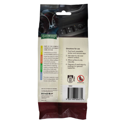 Oakwood Biodegradable Interior Gloss Wipe - 200 x 150mm - 40 Pack Each