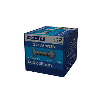 Zenith M12 Hot Dip Galvanised Hex Head Bolts and Nuts - 25mm - 12 Pack