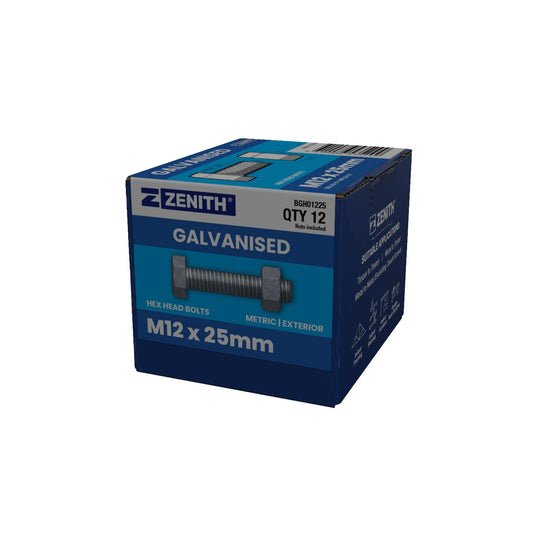 Zenith M12 Hot Dip Galvanised Hex Head Bolts and Nuts - 25mm - 12 Pack