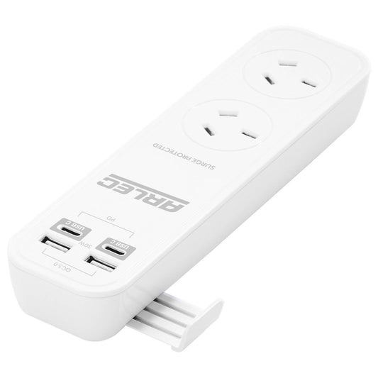 Arlec 2 Outlet Portable Powerboard White PBHB2AC-30W - PD30W Rapid Charging USB 2xA & 2xC