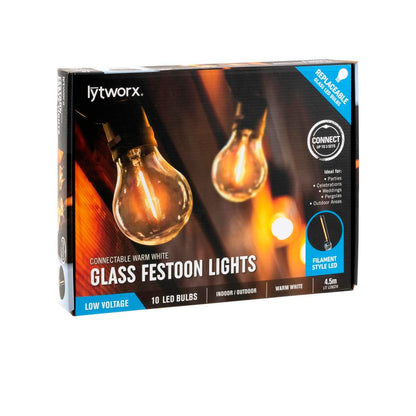 Lytworx 10 Warm White LED Connectable Party Lights 4.5m Glass Bulbs
