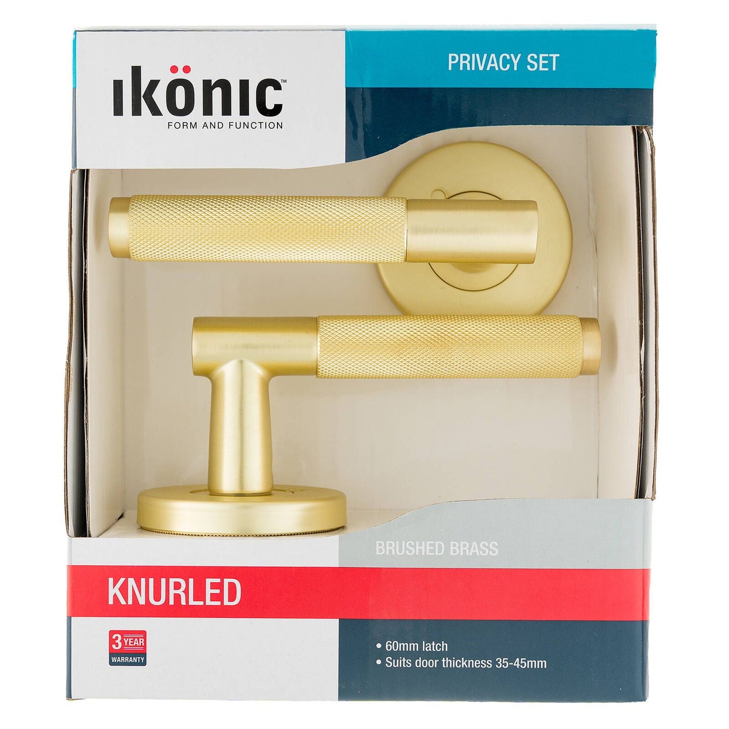 Ikonic Brushed Brass Knurled Privacy Lever Set