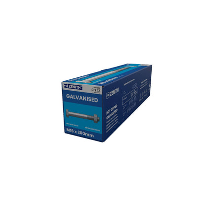 Zenith Hot Dip Galvanised Hex Head Bolts - M16 x 200mm - 12 Pack