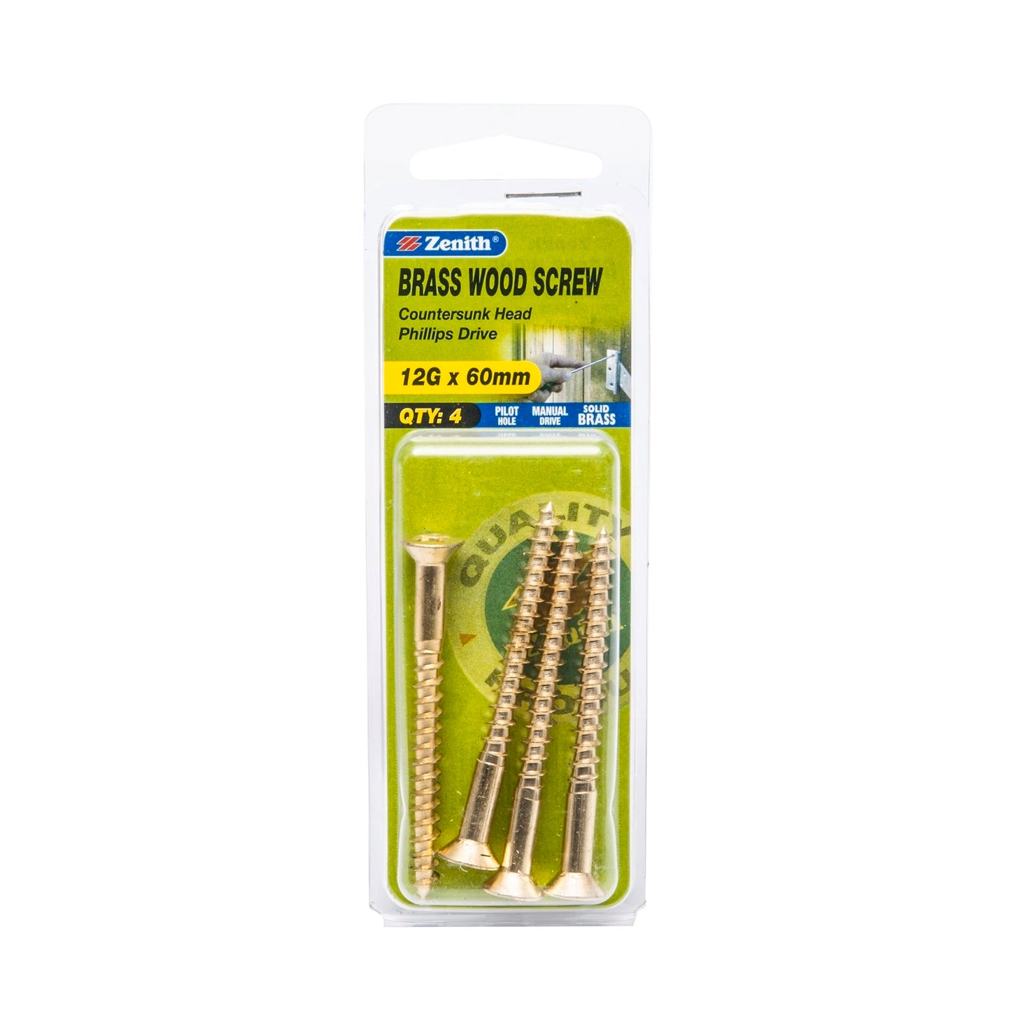 Zenith Wood Screws - 12g x 60mm - Brass - 4 Pack