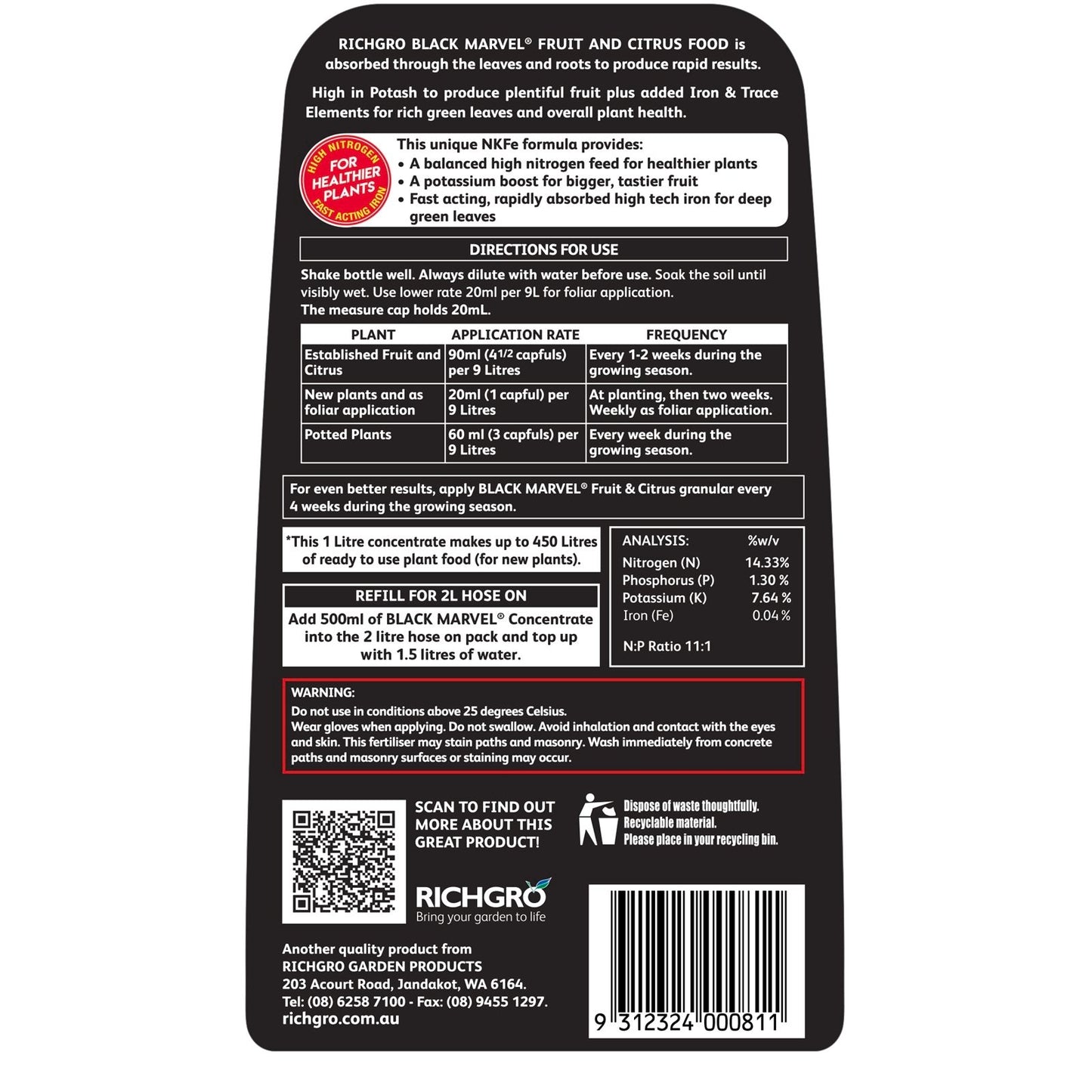 Richgro Black Marvel Fruit And Citrus Food Concentrate Liquid Fertiliser 1L