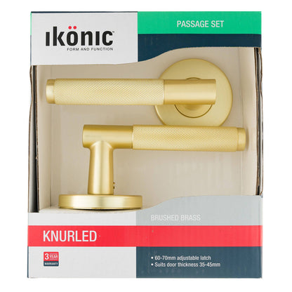 Ikonic Brushed Brass Knurled Passage Lever Set