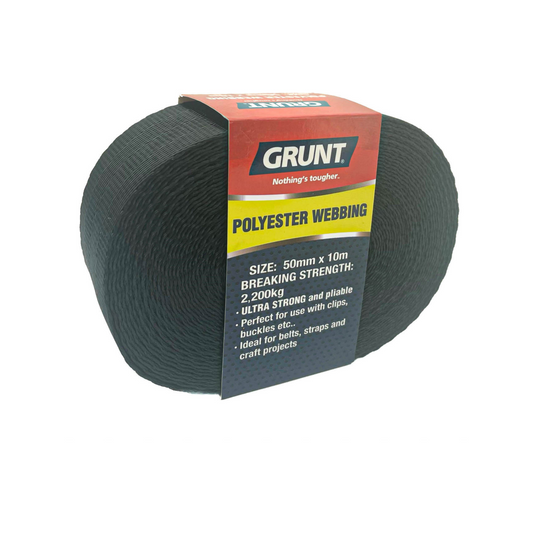 Grunt 50mm x 10m Heavy Duty Black Polyester Webbing Strong Durable