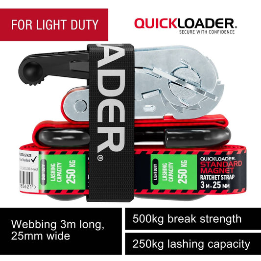 Quickloader Tie Down Strap Ratchet - 3m - 250kg - Red/Black