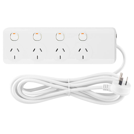 Arlec Individually Switched Powerboard - 4 Outlet - 1.8m - White