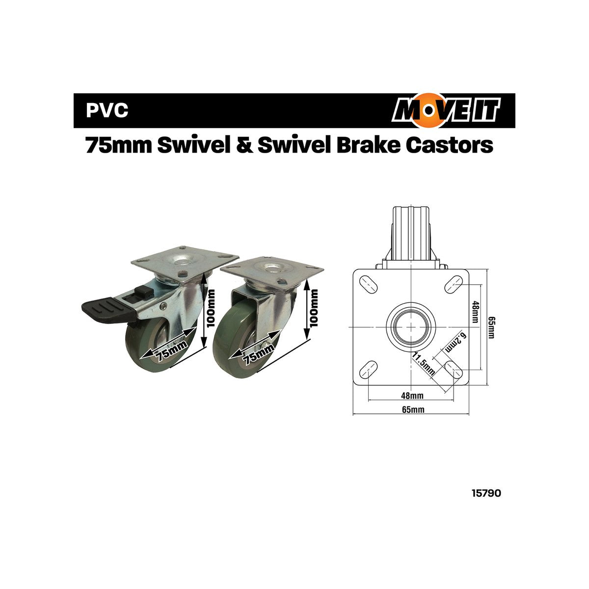 Move It 75mm PVC Castor 4 Pack - Low Rolling Resistance - 40kg Load