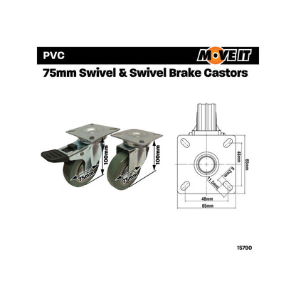 Move It 75mm PVC Castor 4 Pack - Low Rolling Resistance - 40kg Load