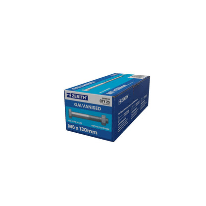 Zenith M6 x 130mm - Hot Dip Galvanised Hex Head Bolts & Nuts - 25 Pack