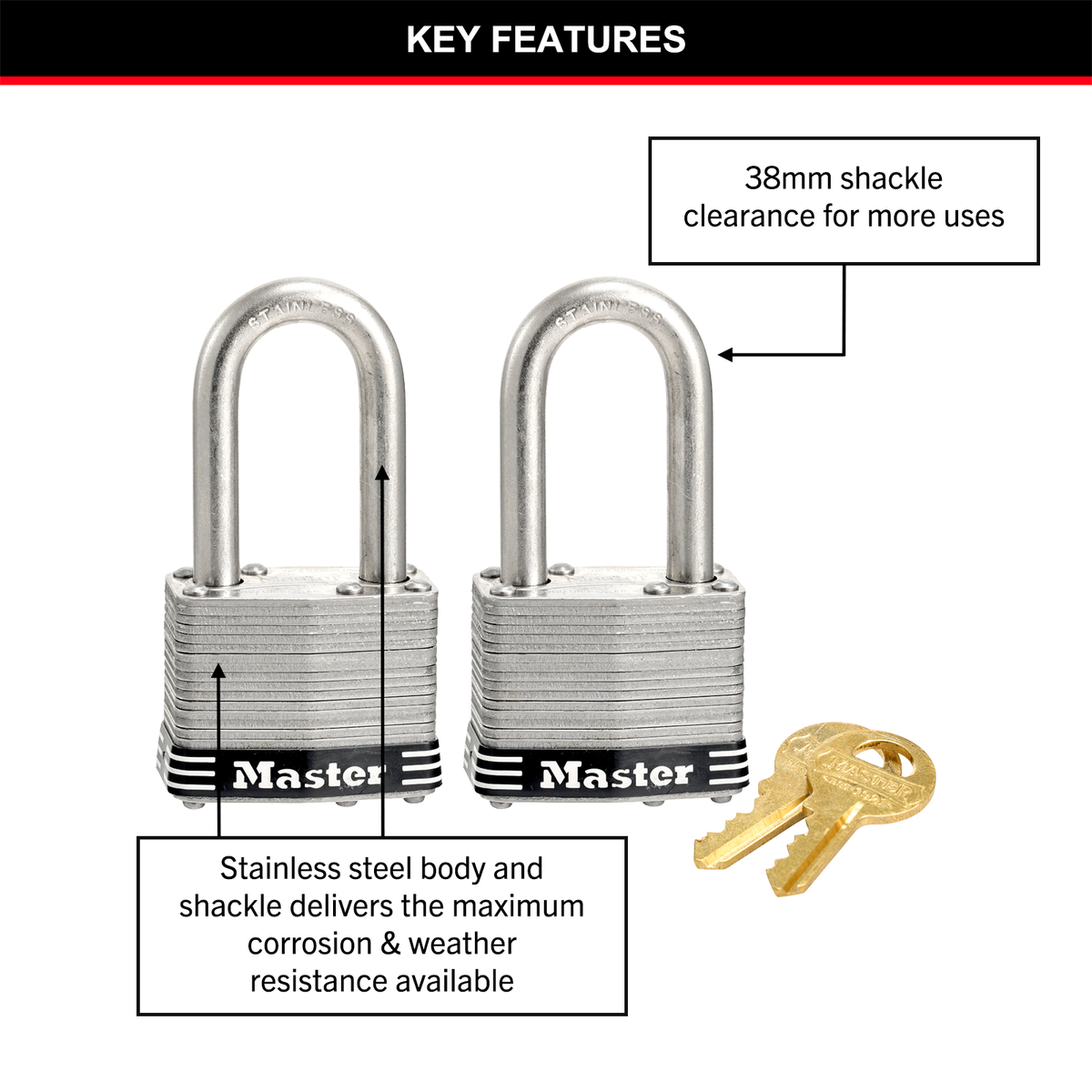Master Lock 44mm Padlock 2 Pack - Laminated Stainless Steel - Weather Resistant