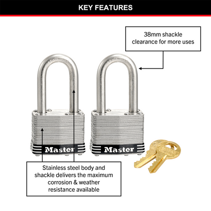 Master Lock 44mm Padlock 2 Pack - Laminated Stainless Steel - Weather Resistant
