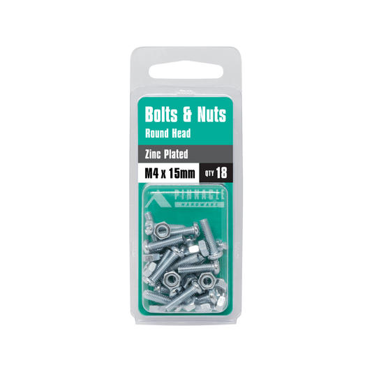 Pinnacle Zinc Plated Round Head Bolts & Nuts M4 x 15mm 18 Pack