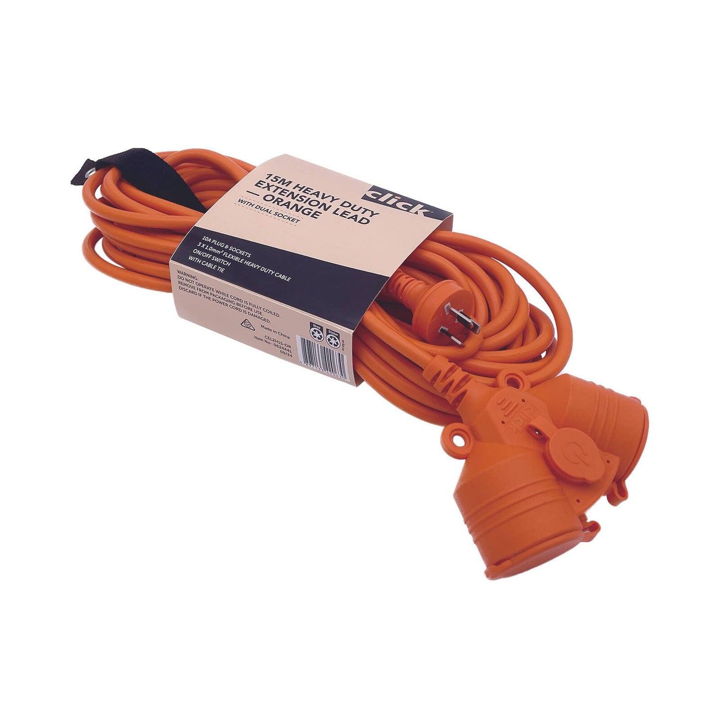 Click Orange Heavy Duty Extension Lead - Dual Socket - 15m