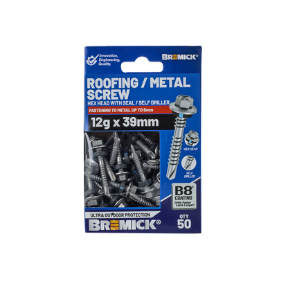 Bremick Hex Roofing Screw - 12g x 39mm - B8 - 50 Pack