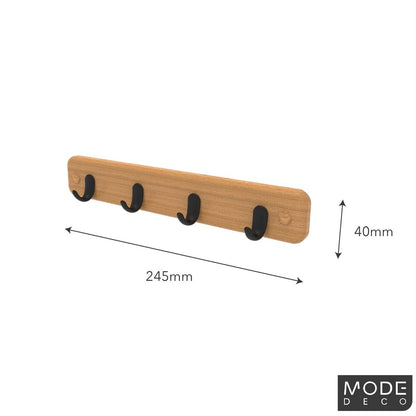 Mode Key Rack - 4 Black Hooks - Bamboo Board - Durable - Easy Install