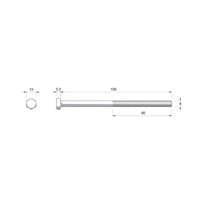 Zenith Hot Dip Galvanised Hex Head Bolts - M8 x 150mm - 25 Pack