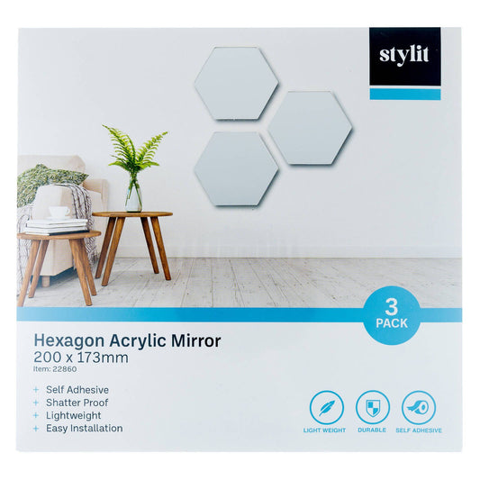 Stylit Hexagon Acrylic Mirror - 200 x 173mm - 3 Pack