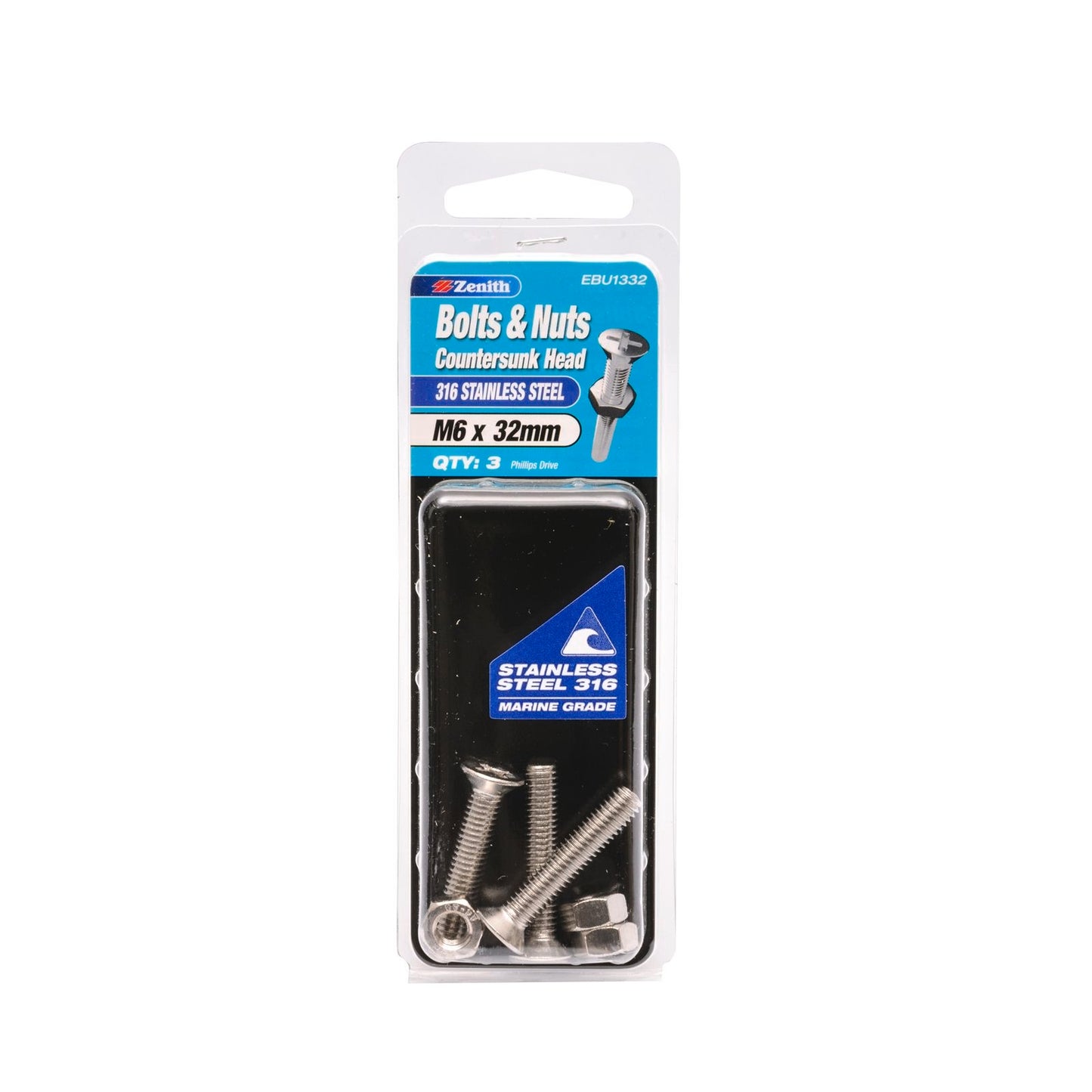 Zenith M6 x 32mm - Stainless Steel Countersunk Head Bolt & Nut - 3 Pack