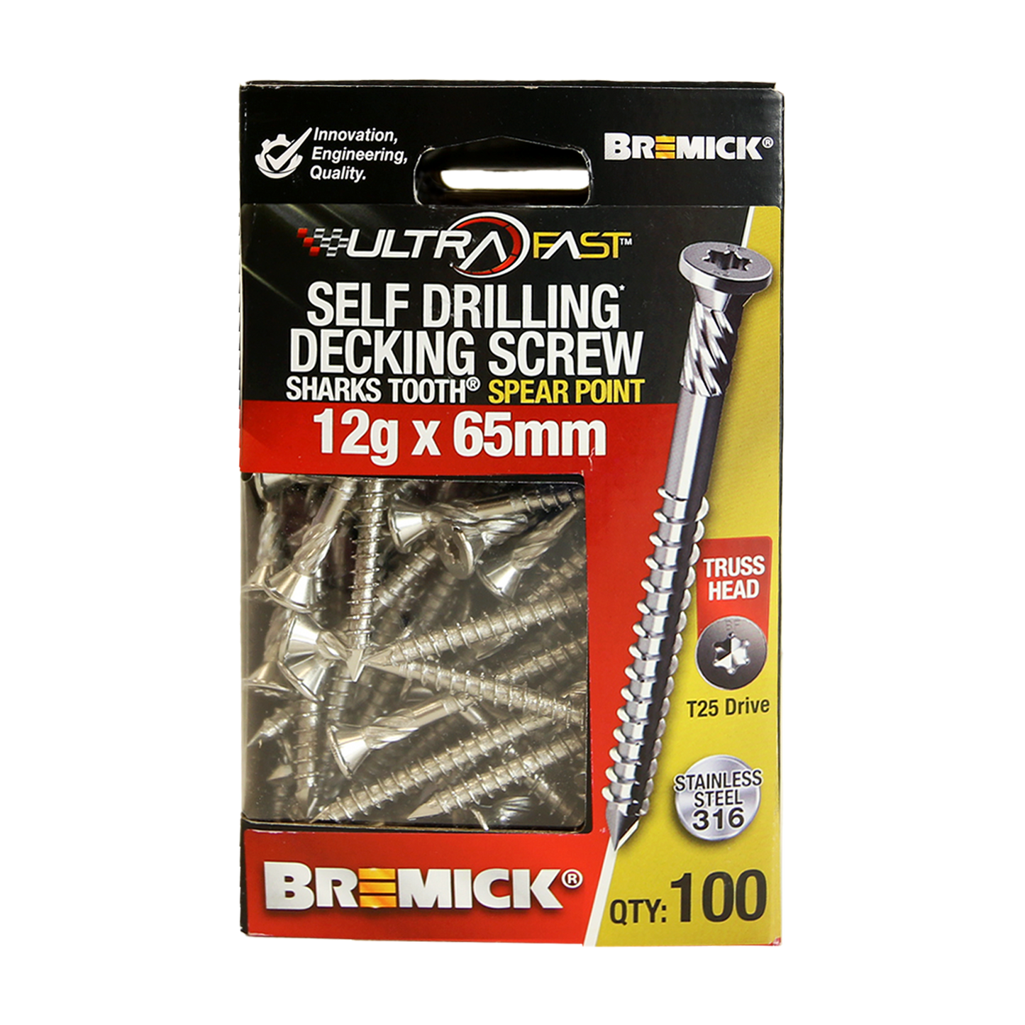 Bremick Ultrafast Stainless Steel 316 Truss Head Screws - 12g x 65mm - T25 - 100 Pack