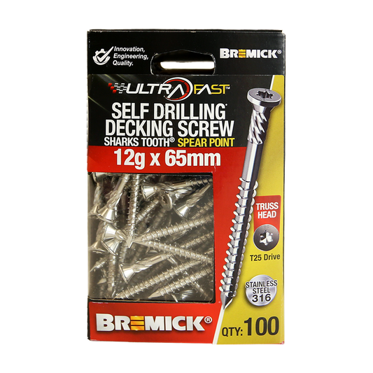Bremick Ultrafast Stainless Steel 316 Truss Head Screws - 12g x 65mm - T25 - 100 Pack