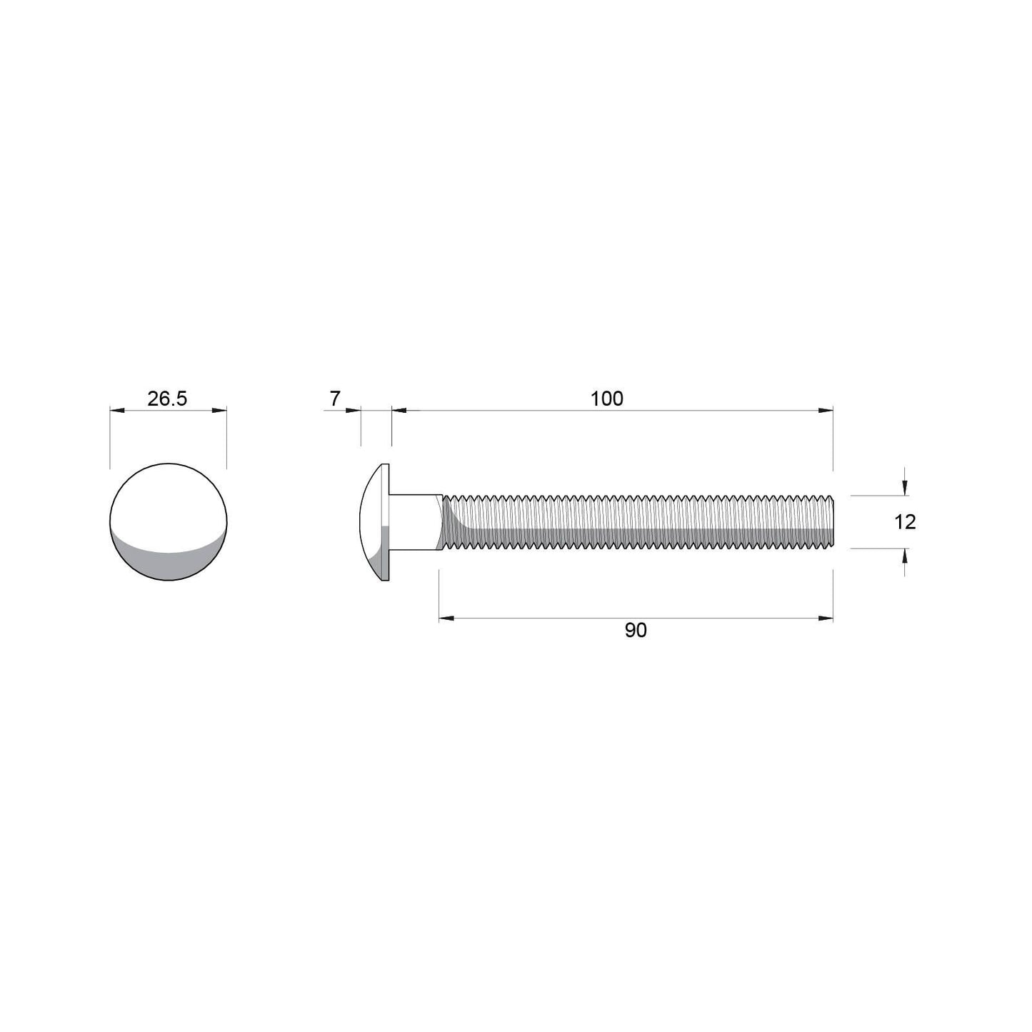 Zenith Cup Head Bolt - M12 x 100mm - Stainless Steel 304