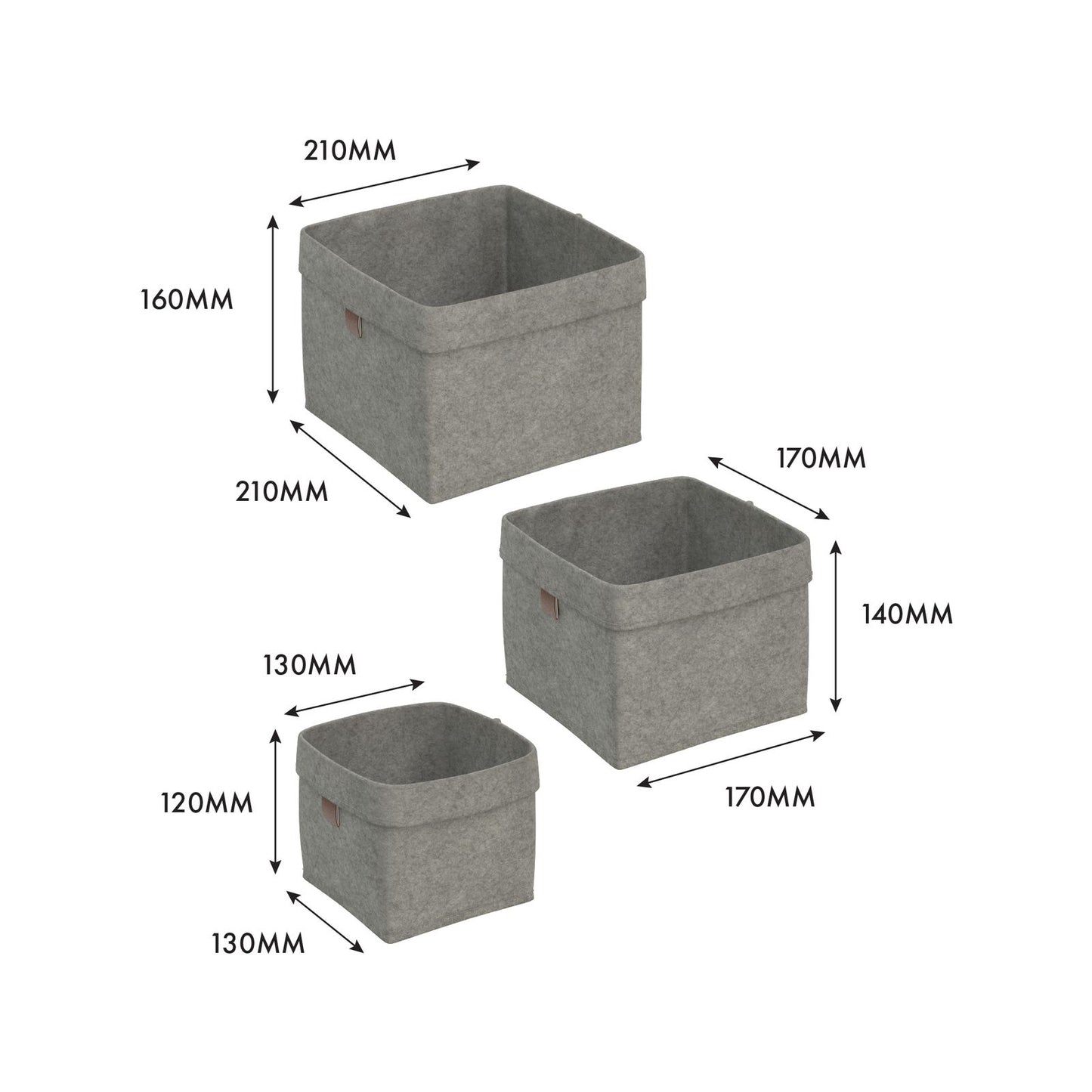 Flexi Storage Living Felt Baskets - Set of 3 - Light Grey - 210 x 160mm