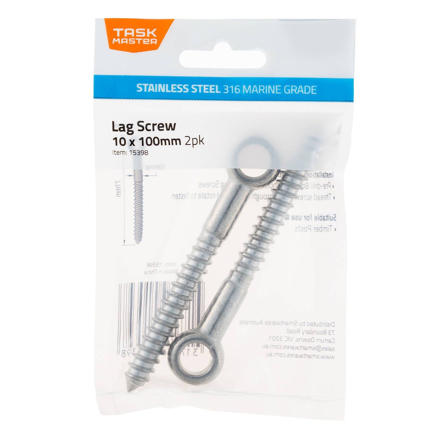 Taskmaster Lag Screw - 10 x 100mm - 316 Stainless Steel - 2pk