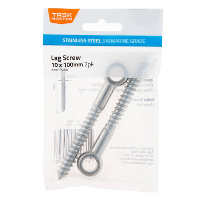 Taskmaster Lag Screw - 10 x 100mm - 316 Stainless Steel - 2pk