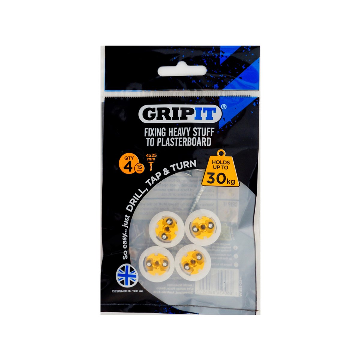 Gripit 15mm Yellow Plasterboard Fixing 4 Pack - Strong - Reusable - 30kg