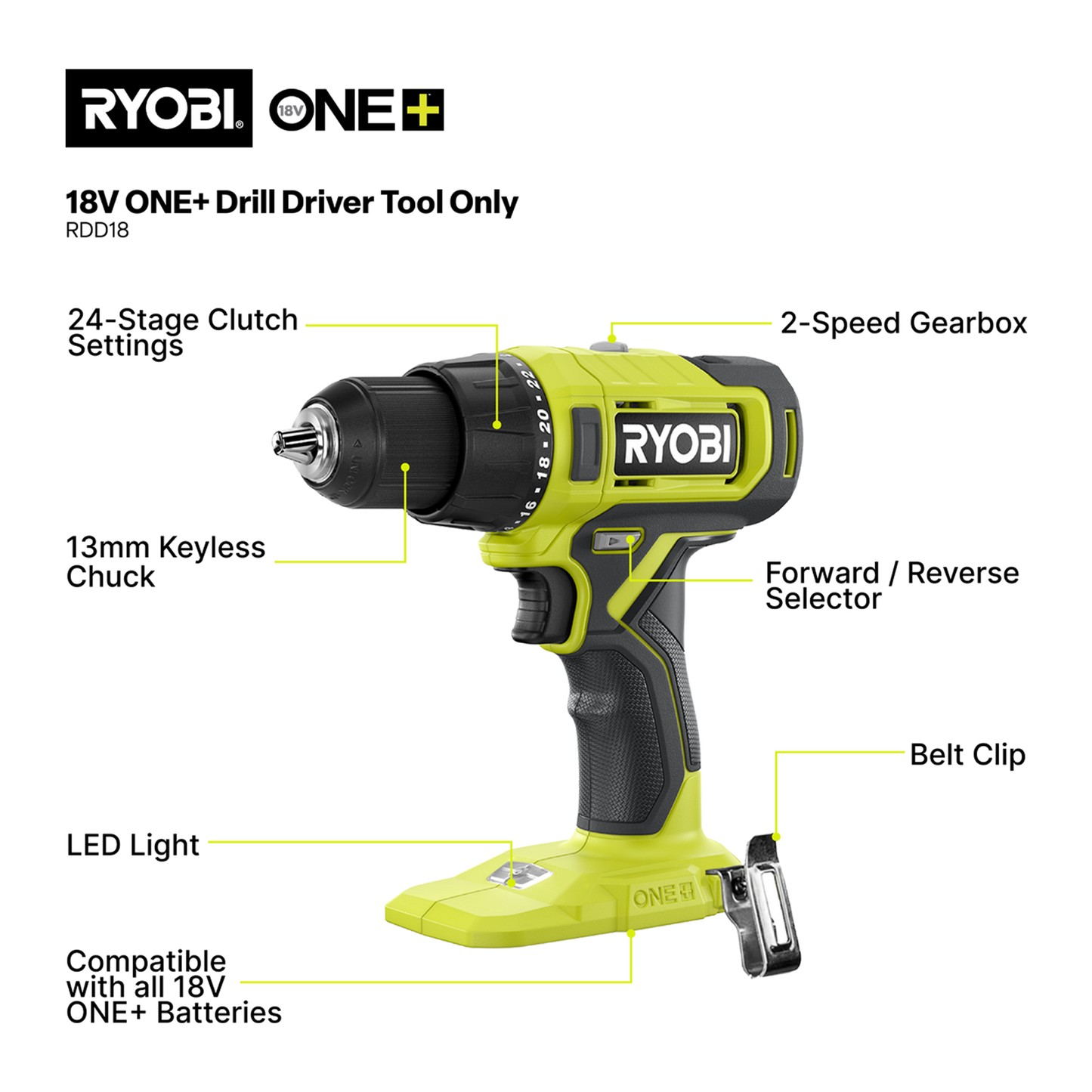 Ryobi Drill Driver - RDD18 - 18V One - Tool Only