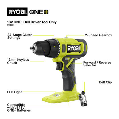 Ryobi Drill Driver - RDD18 - 18V One - Tool Only