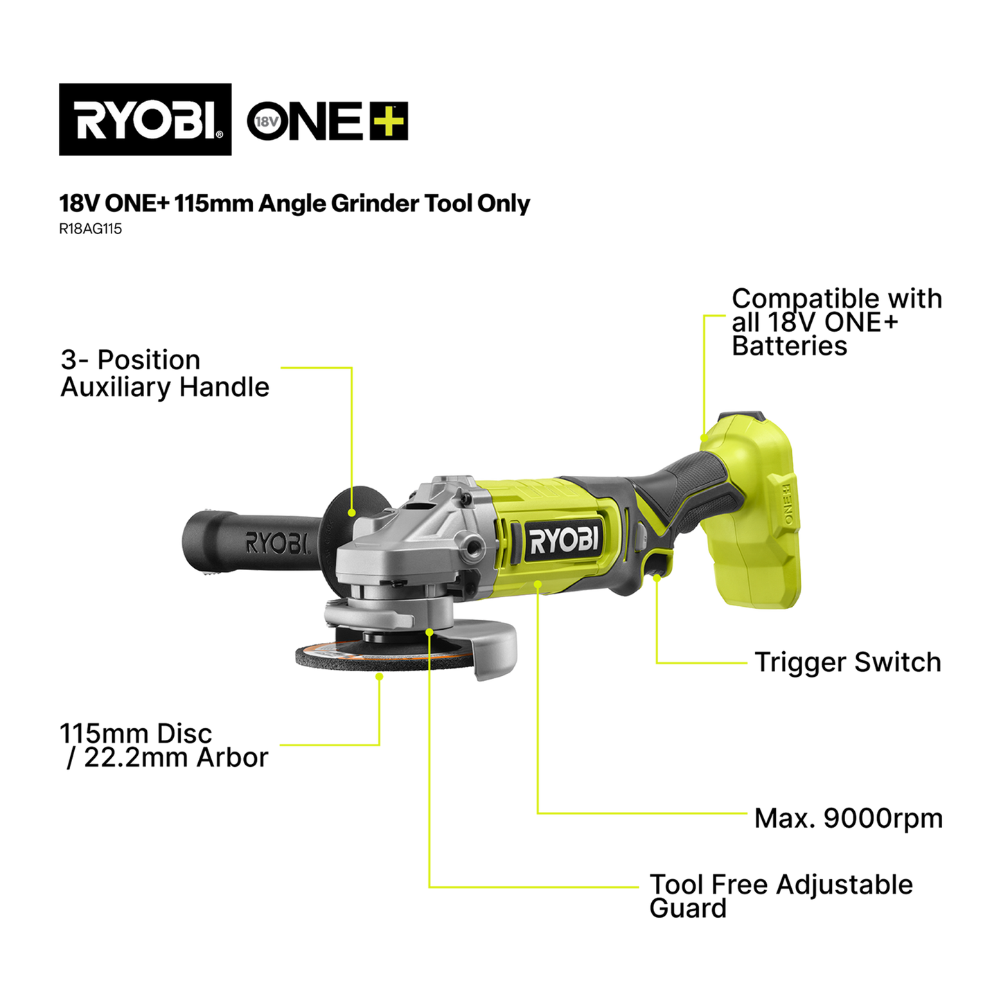 Ryobi Angle Grinder Kit - 18V ONE+ - 115mm - 4.0Ah