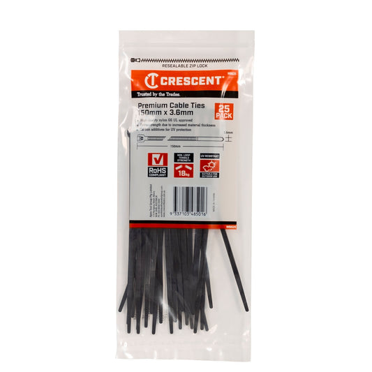 Crescent Black Cable Ties - 150 x 3.6mm - 25 Pack