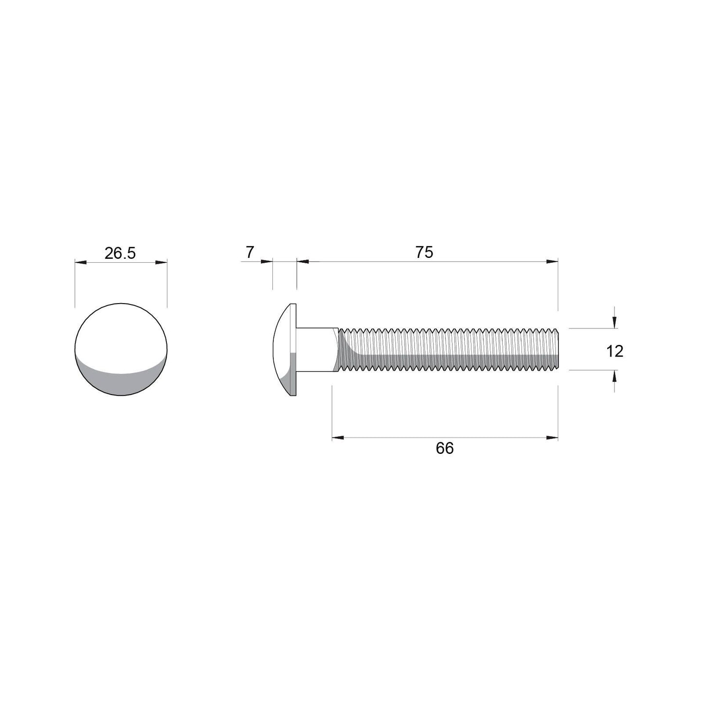 Zenith Cup Head Bolts - M12 x 75mm - Stainless Steel 304 - 12 Pack